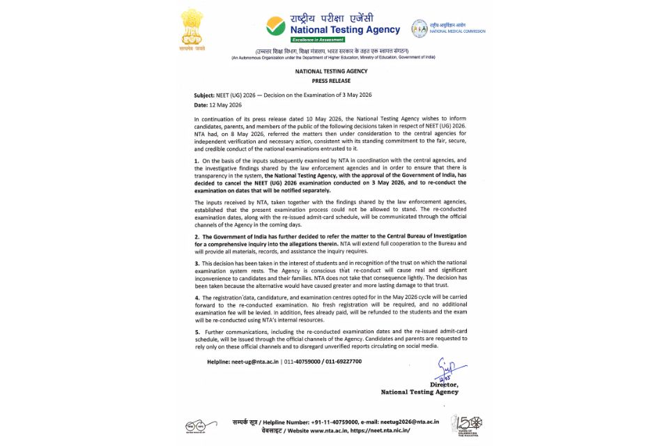 NEET UG 2026 Cancelled: NTA Announces Re-Examination Amid Investigation into Alleged Irregularities